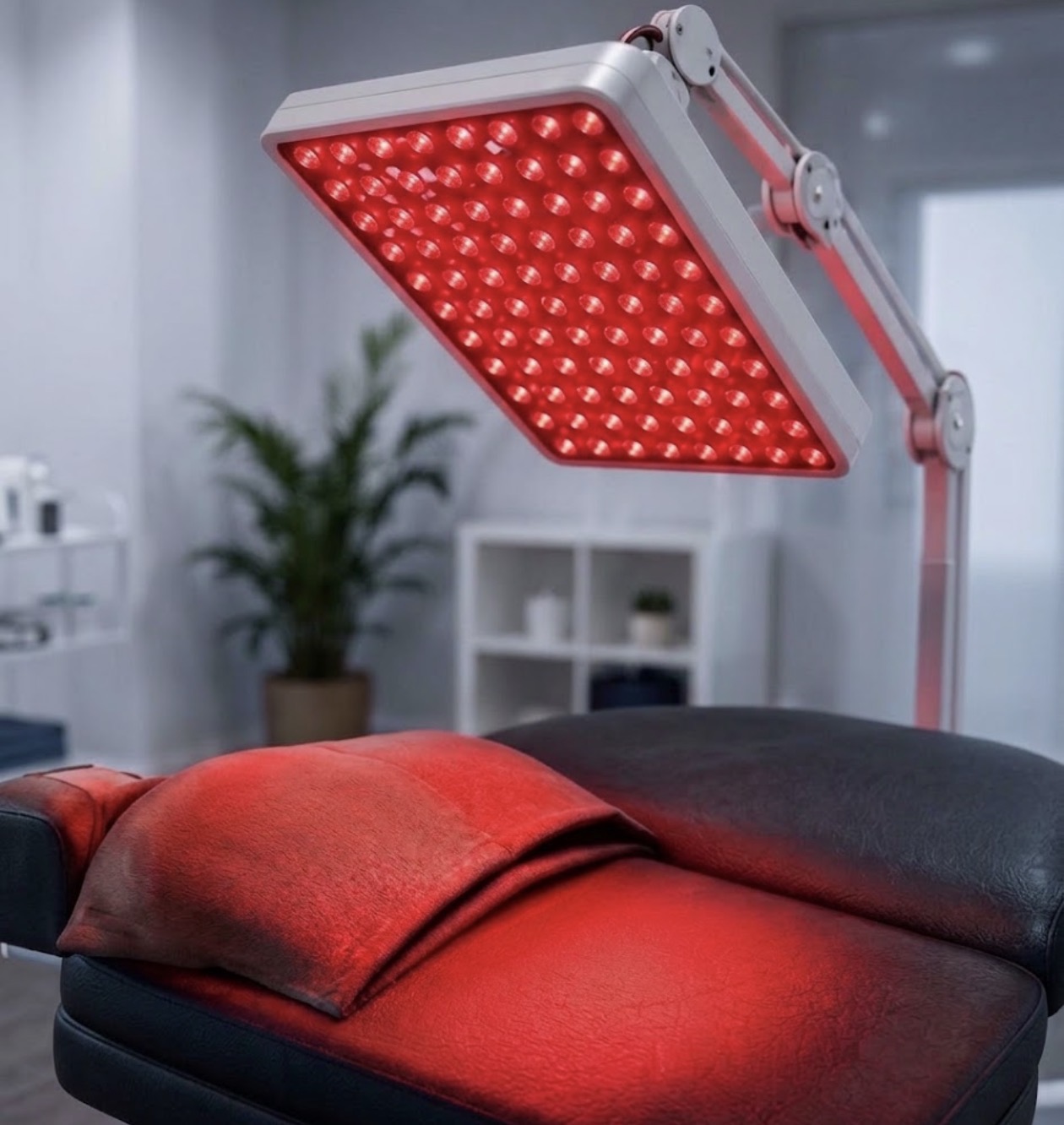 Red light therapy panel positioned over a treatment bed in our practice